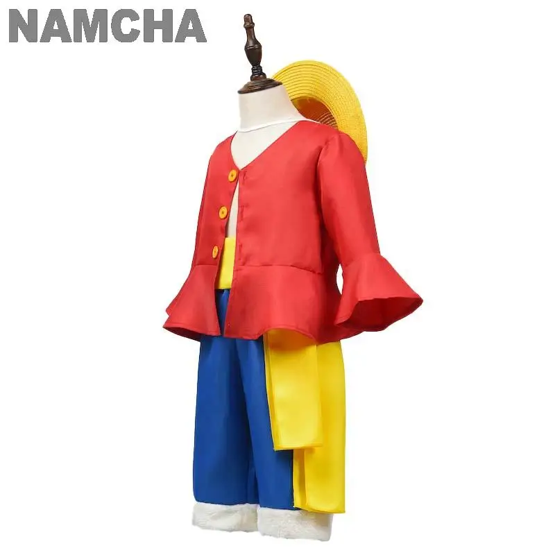 Macaco D. Anime Luffy Cosplay Traje Infantil, Roupas de RPG, Tops, Calças, Chapéu de Palha, Roupas de Carnaval, Trajes de festa