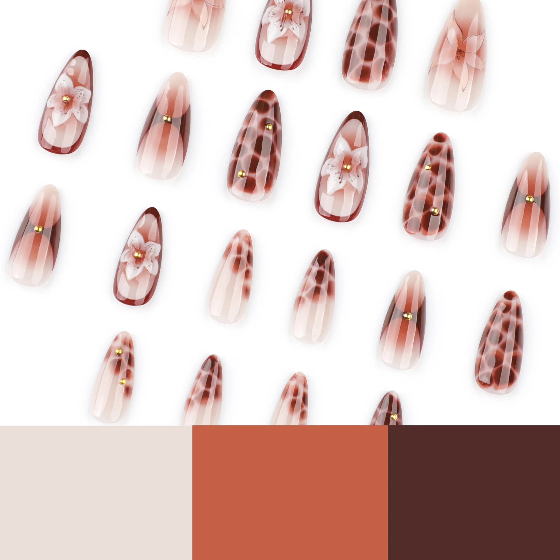 24pcs Retro Almond Press On Nails Brown Marble Cracks Ice Flower Printed False Nails European Wearable French Style Fake Nail - Image 3