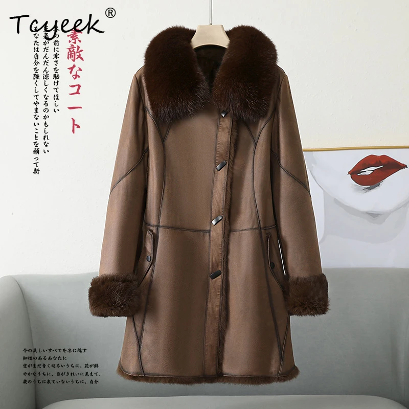 Tcyeek ฤดูใบไม้ร่วงฤดูหนาวเกาหลีรุ่นกระต่ายขนสัตว์แบบบูรณาการ Fox ขนสัตว์ขนาดกลางยาวผู้หญิงเสื้อขนสัตว์ Fourrures Femme