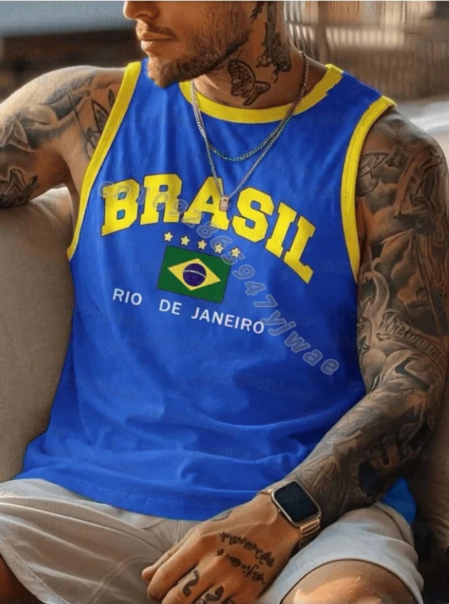 Summer Men YELLOW BRASIL 10 Print Stripe Round Neck Casual Tank Top Basketball Jersey Vest Boyfriend Style Sport Basketball Vest
