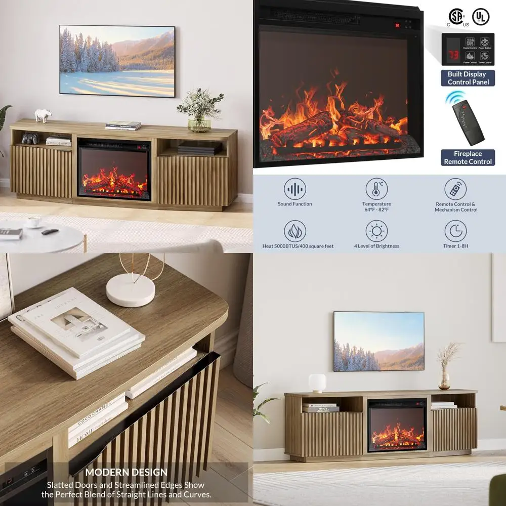 

Fluted TV Stand with Electric Fireplace and Sound System, 68-inch Entertainment Center for TVs up to 75 inches, Media Console Ta