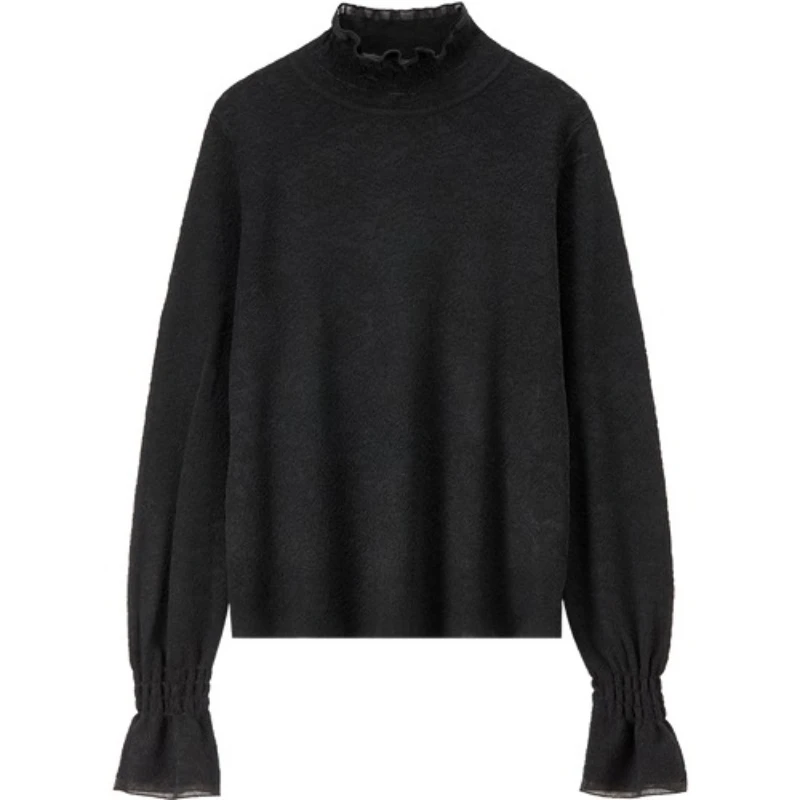 SENTUBILA Dameswolmix Kanten Trui 2025 Herfst Elegante Commuter Coltrui Flare Mouw Zachte Stretch Gebreide Top W53HI3520
