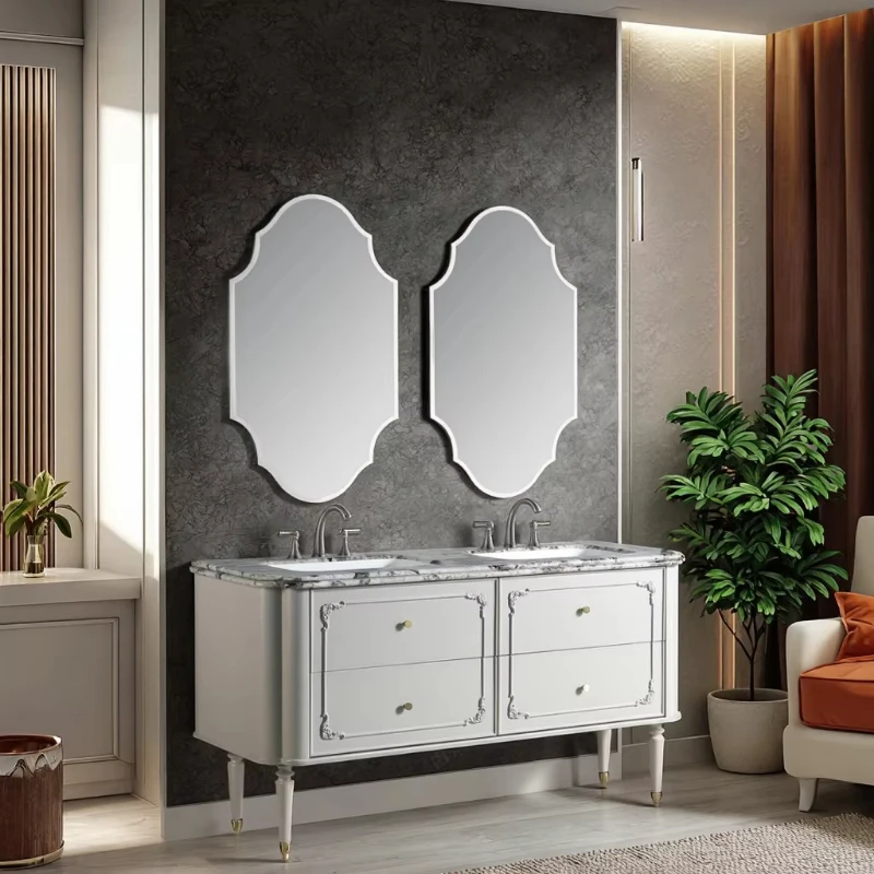 Modern style solid wood engraved surface painted waterproof function floor mounted vanity marble countertop