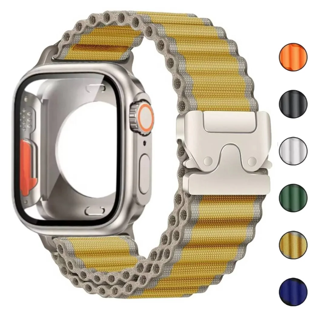 

Чехол 2-в-1 + нейлоновый ремешок-петля, защитное стекло для экрана для Apple Watch S11 S10 46 мм 42 мм 44 мм 45 мм 40 мм 41 мм