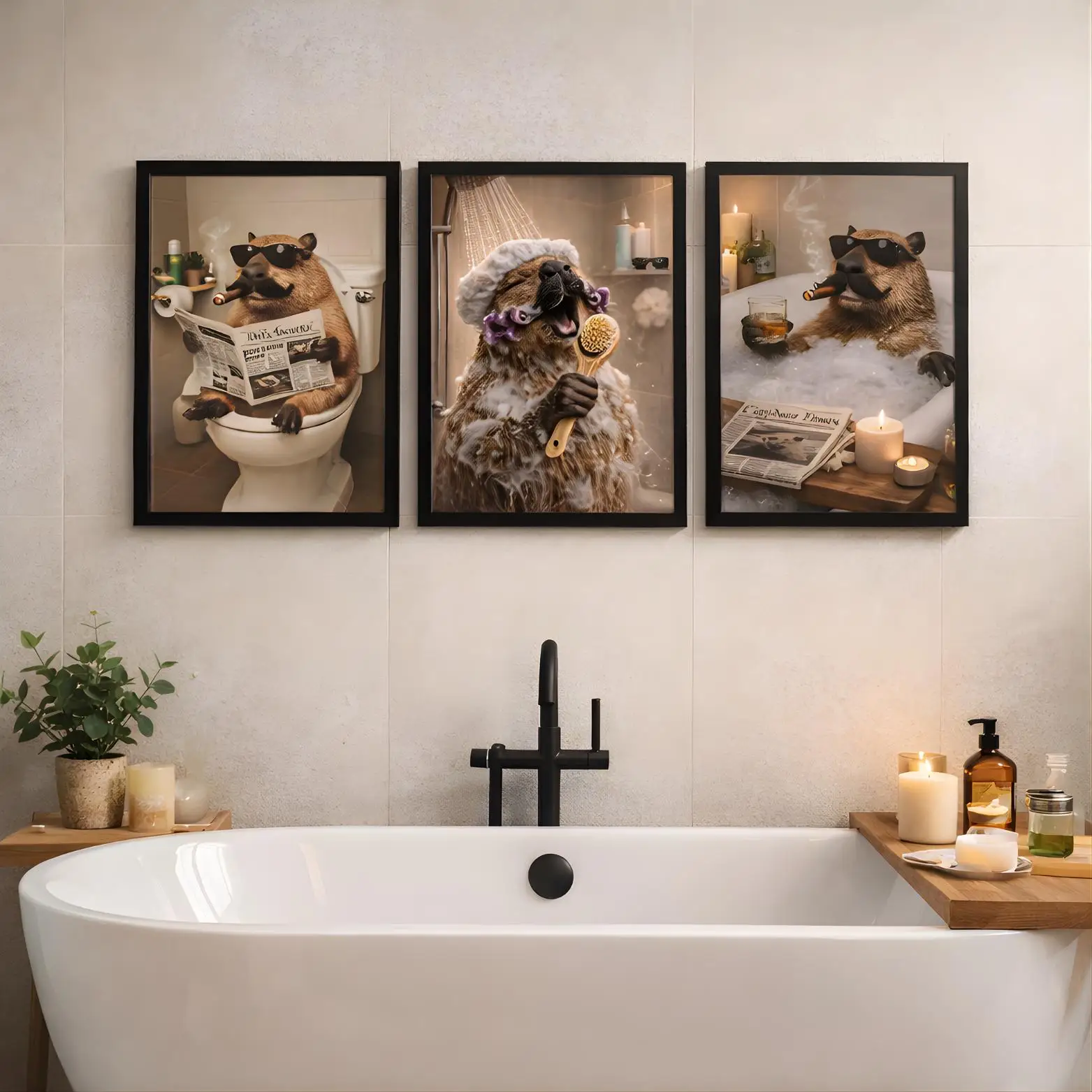 3PCS  Frameless,3pcs Humorous Capybara Bathroom Wall Art Posters Fun Animal Art Canvas Prints in Dark Tones for Home Bathroom To
