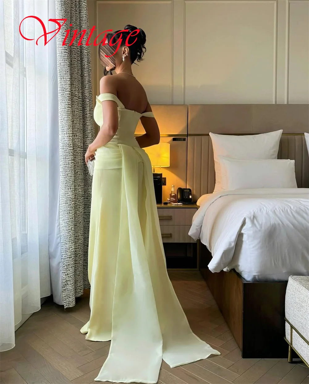 Customized Exquisite Yellow Jersey Evening Dress Elegant Off the Shoulder Strapless Zipper Back Chapel Train Homecoming Dress