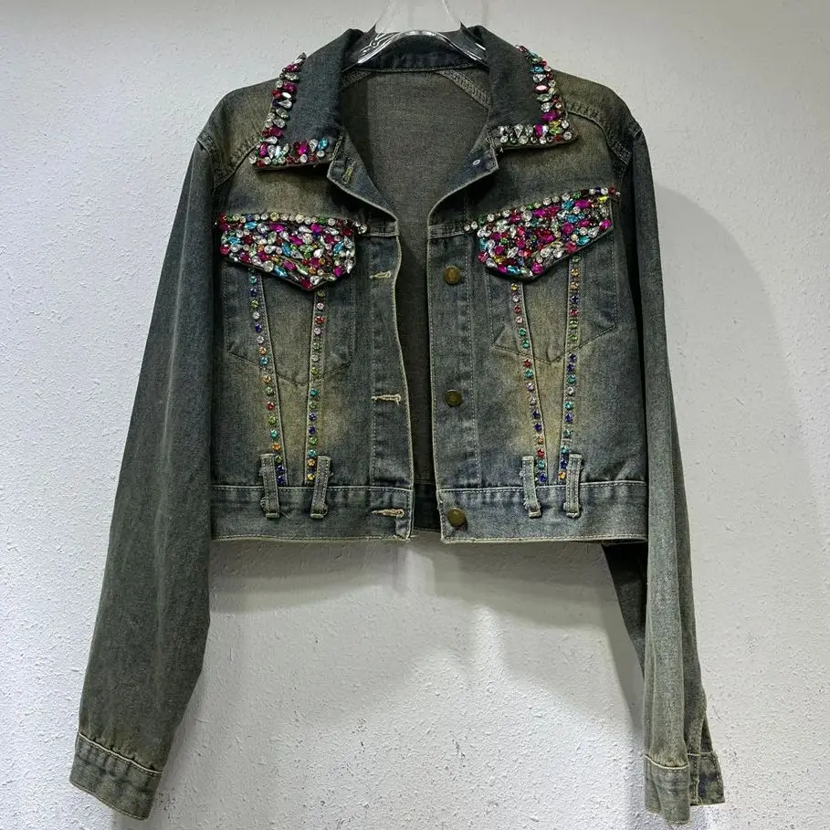 

Fashion luxury Diamond denim jacket for women slim fit long sleeved short jacket Female denim coats 2024 spring new Y4743