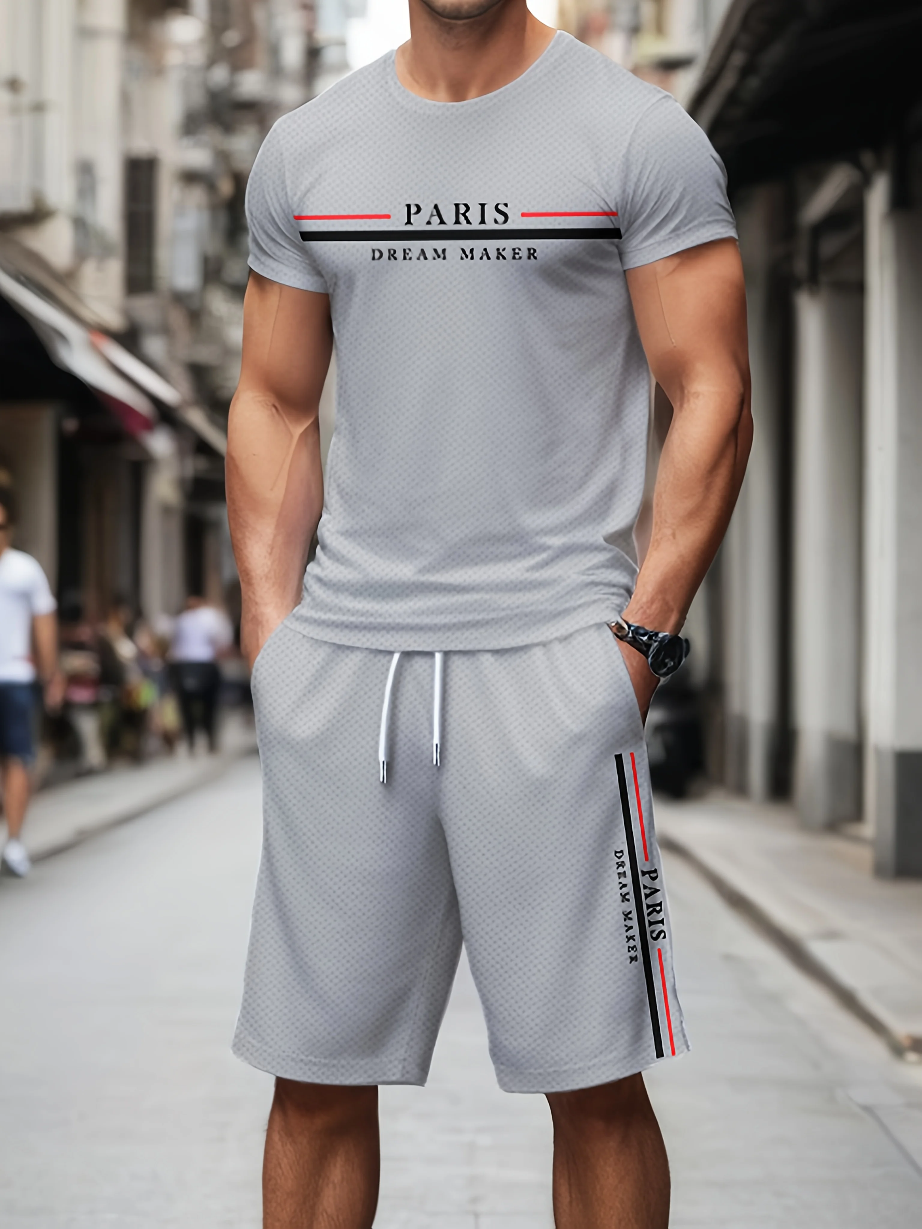عادية تي شيرت رجالي السراويل دعوى الملابس اليومية شريط إلكتروني طباعة قصيرة الأكمام المحملة التجفيف السريع الجانب جيب الرباط السراويل #2