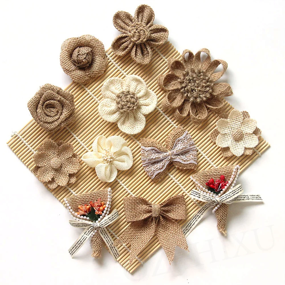 5pcs Handmade Jute Burlap Flowers Rose Hessian Ribbon Bow Vintage Rustic Wedding Decoration Table Christmas Party DIY Supplies