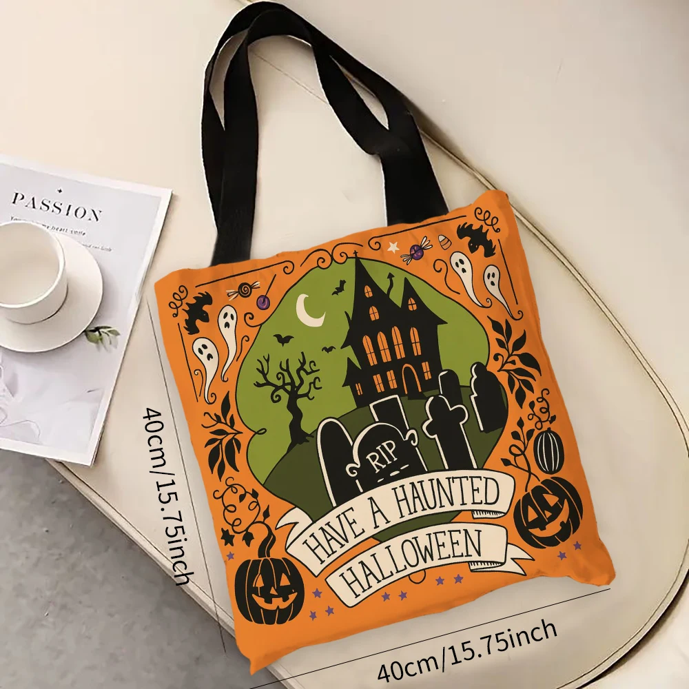 

Halloween Castle Witch Ghost Reusable Tote Print Grocery Storage Bag Portable Large Capacity Shoulder Bag 7.3