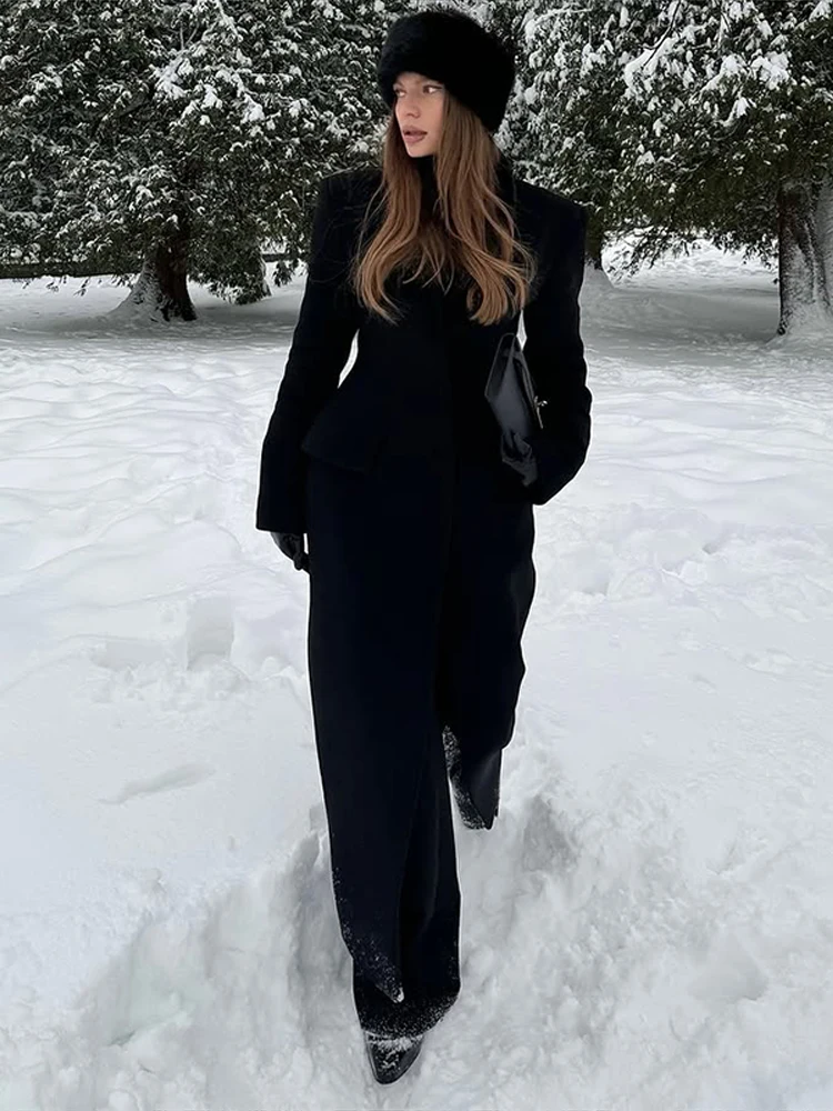 

Elegant Solid Long Overcoat Women Closed Waist V-neck Single Breasted Pocket Coats Female 2025 Autumn New Lady Office Outerwears