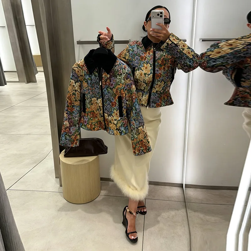 Blumenbedruckte Revers-Jacken mit Taillenbetonung und Reißverschluss für Damen, Street-Style, Umlegekragen, lange Ärmel, paneelierte schmale Jacken, neue Oberbekleidung – Detail 1