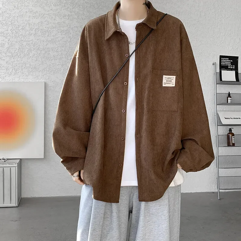 Pop Spring Long Sleeved Shirt Men Oversized Retro Corduroy Shirt Men Streetwear Korean Loose Casual Shirts Mens Vintage Shirt M-