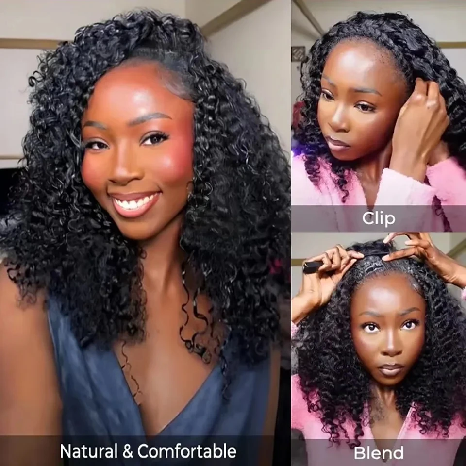 Kinky Curly Half Wig Human Hair Flip Over Half Wig Afro Curly Wear Go Glueless 230% Deep Wave 3 IN 1 Human Hair Wigs Drawstring