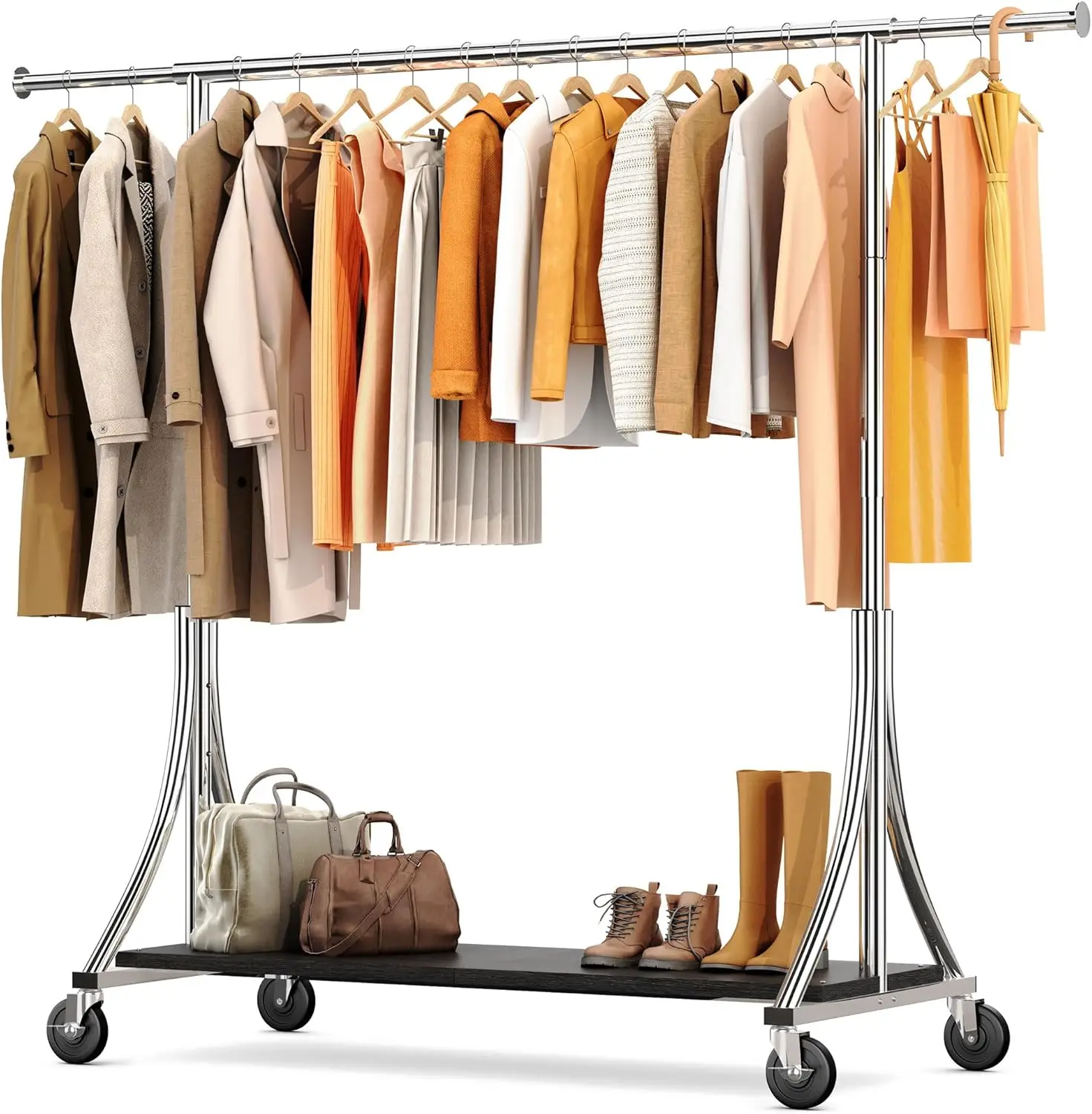 

Clothes Rack with Wood Shelves Height Adjustable Clothing Rack with Lockable Wheels 500LBS Portable Wooden Garment Closet for
