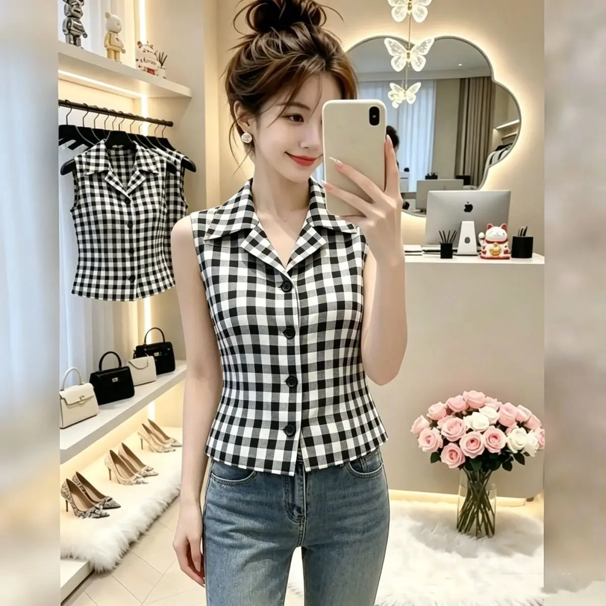 

Retro Plaid Neck Shirt Vest Women's Summer New High-End Single Button Sleeveless Slim Fit Outerwear Style Fashion