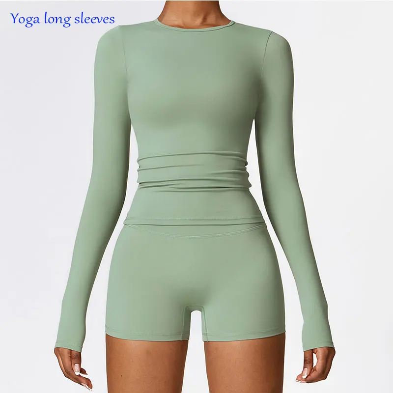 Camisetas de Yoga para mujer, Top deportivo sólido de manga larga para gimnasio, entrenamiento, correr, Sexy, ombligo expuesto, secado rápido, ropa