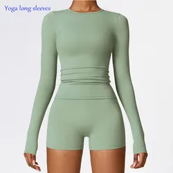 Women Yoga T-shirts Solid Sports Top Long Sleeve Gym Workout Running Shirts Sexy Exposed Navel Quick Dry Fitness Gym Sport Wear