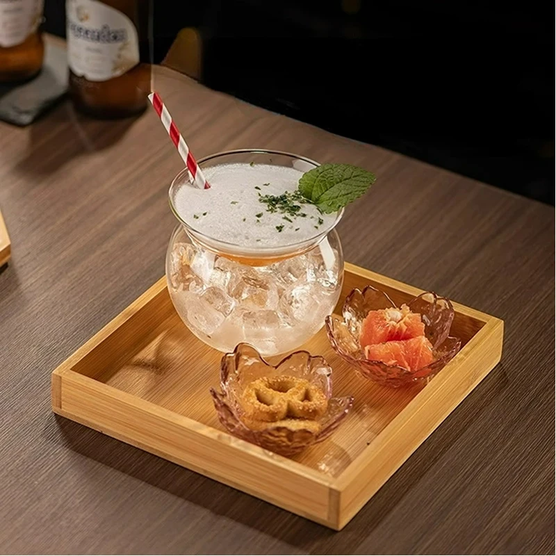 

Double-layer Molecular Cocktail Glass Cup Creative Cocktail Glass With Wooden Tray Glasses Cup Set Japanese Style Glass Dish