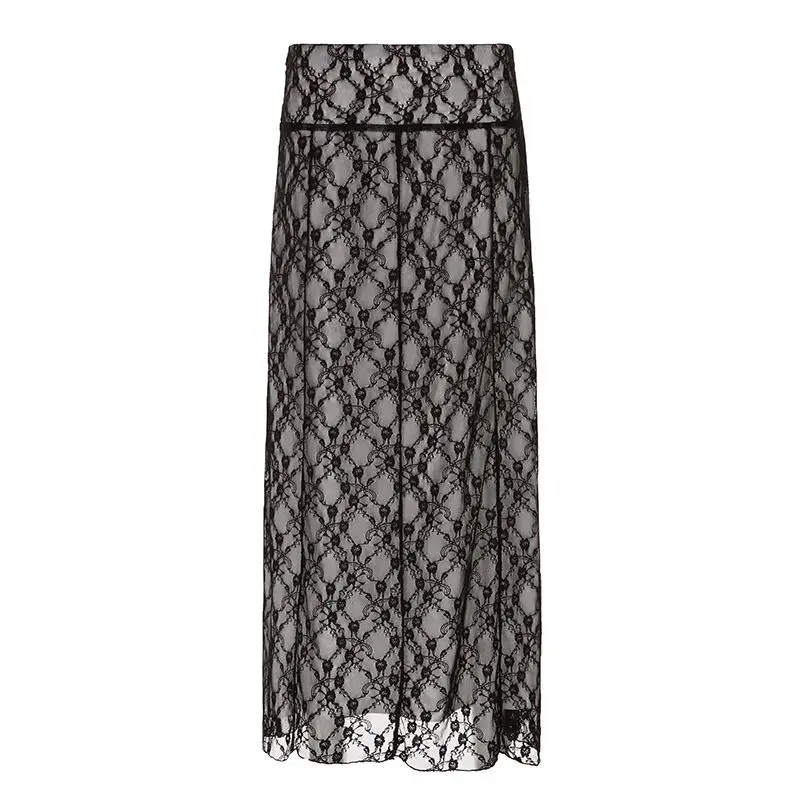 Long Skirts Lace Double Layer Black Baggy Y2k Aesthetic Straight Midi Skirts Femme Clothing Slim Hot Girl Butt-Covering Skirt