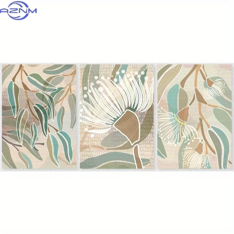 3pcs Abstract Green Eucalyptus & Floral Canvas Wall Art Prints - Unframed Modern Botanical Posters with Teal Blue, Beige, White