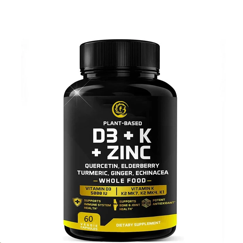 Vitamin D, K2, K1, Zinc, Quercetin, Elderberry, Turmeric, Ginger, and Echinacea Whole Foods Supplement 8-in-1