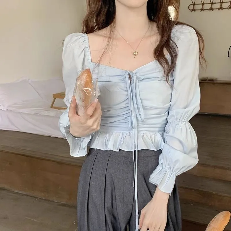 

Новинка 2023 года, осенний стиль Pure Lust, маленький свежий квадратный воротник, галстук, уникальный топ с пузырьками