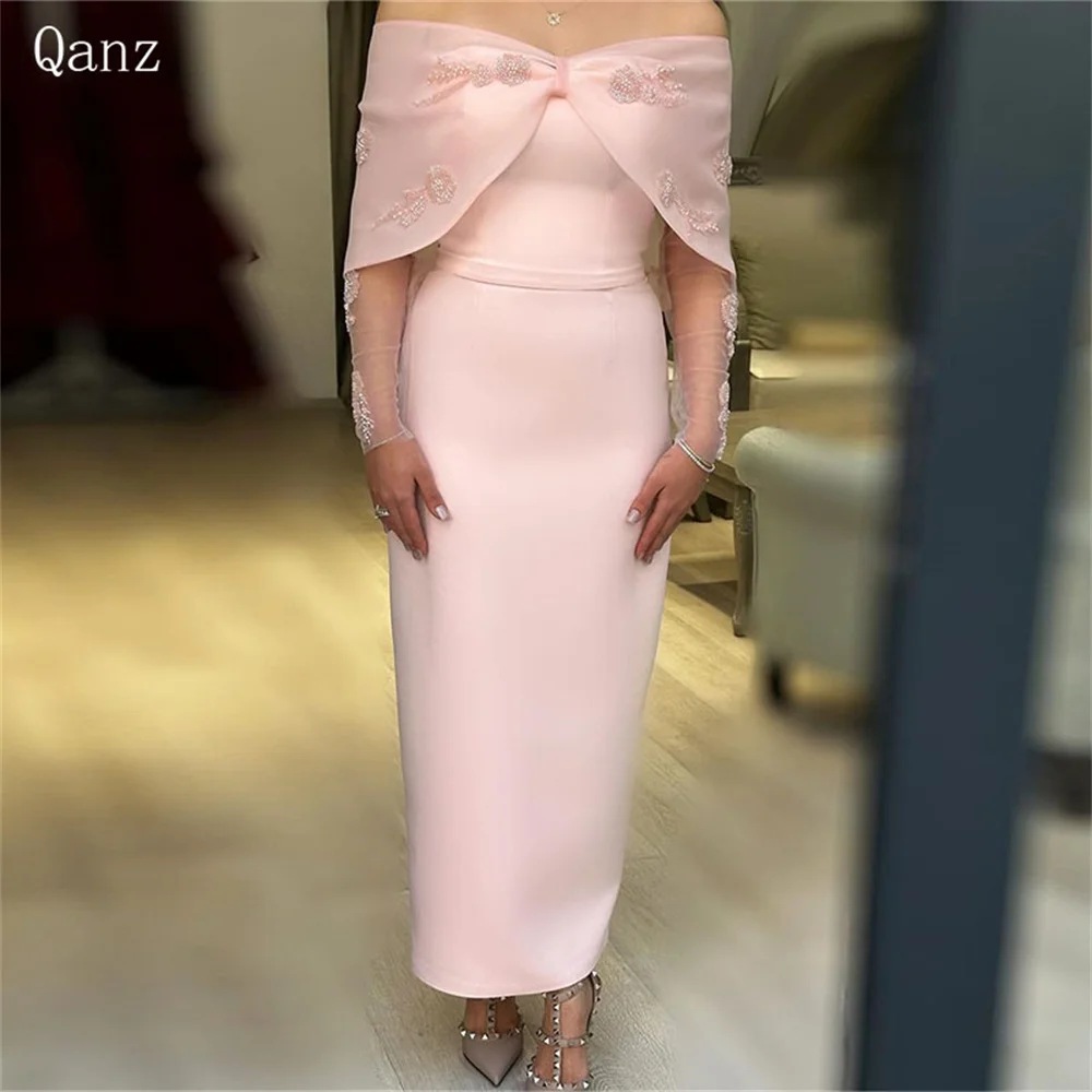 

Qanz Gorgeous Pink Mermaid Evening Dresses Vintage Satin Prom Dress Appliques Belt Robe De Soiree Vestidos De Gala Customized