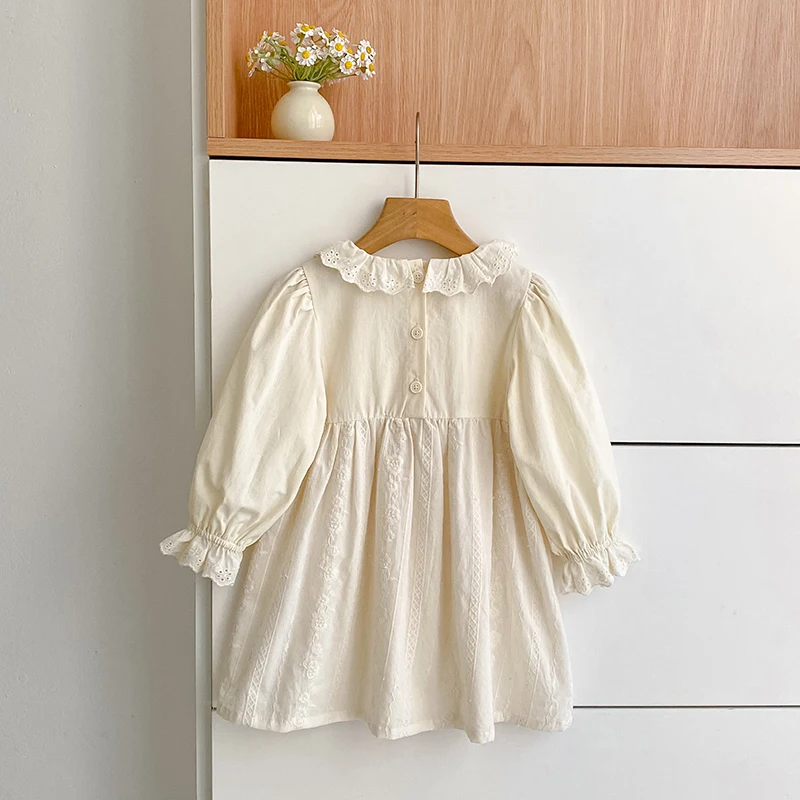 2026 Mädchen Langarmkleid mit Rüschen-Spitzenkragen, besticktes Baumwoll-Prinzessinnenkleid für Frühling und Herbst, Kindergeburtstagsparty Vestido – Detail 4