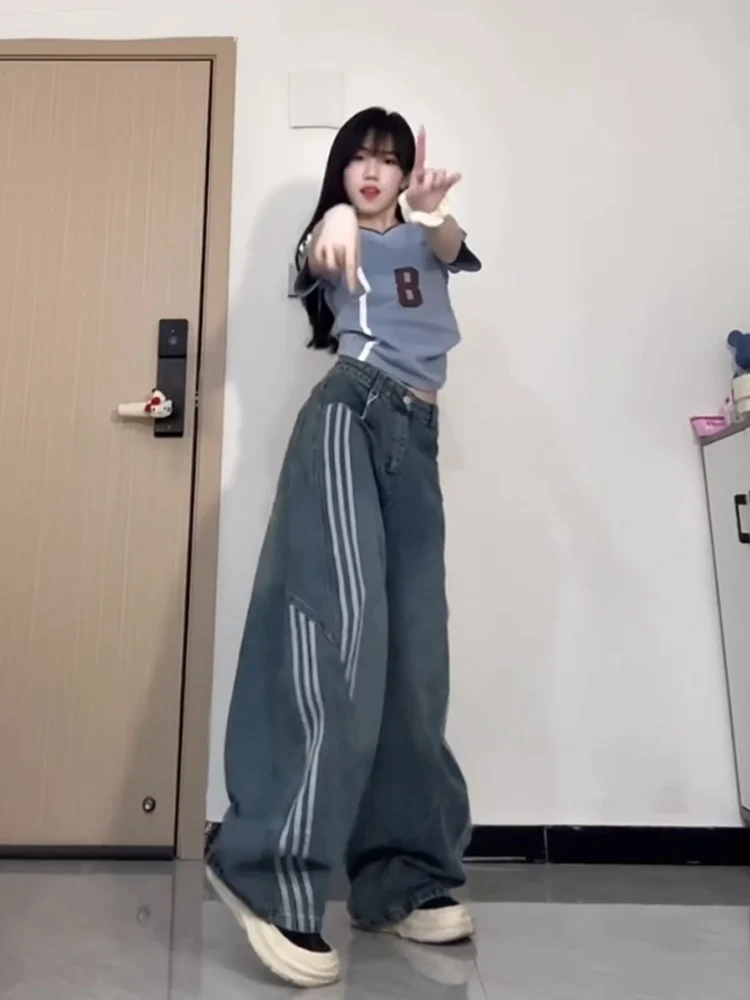 

American High Street Design Deconstructed Knife Jeans Women Summer Thin Tee Stripe Patchwork Straight Leg Wide Leg Pants