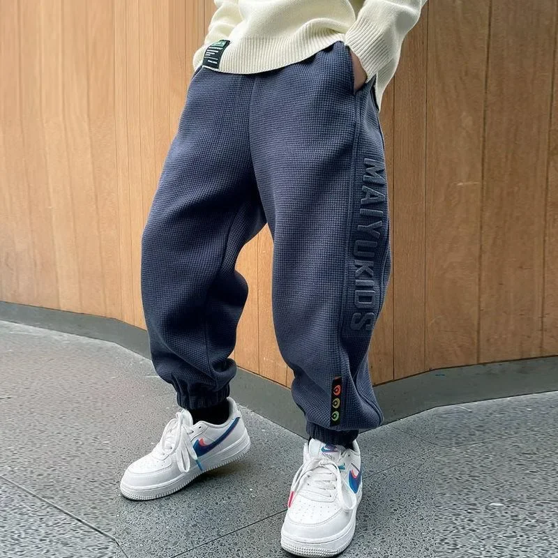 

Spring Autumn Boys Pants Sweatpants 2025 New Children's Waffle Grid Trousers Casual School Kids Comfortable Outerwear 5-14 Years