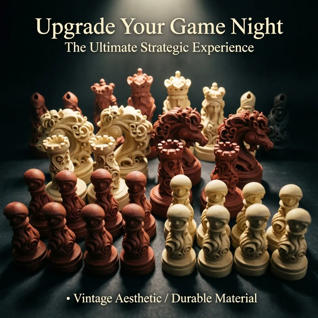 3D Printed Chess Pieces Set, Baroque Skull Crown International Chessmen, Board Game Figures Brown Ivory, Home Office Table Decor