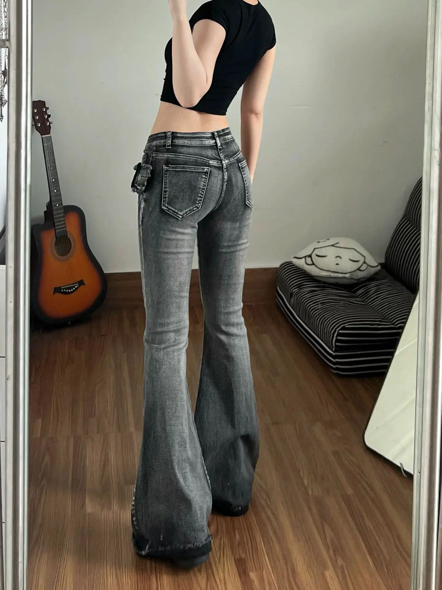 Retro Belt Design Fringed Flared Jeans For Women American Summer New Fashion High Street Washed Spliced Female Slim Denim Pants