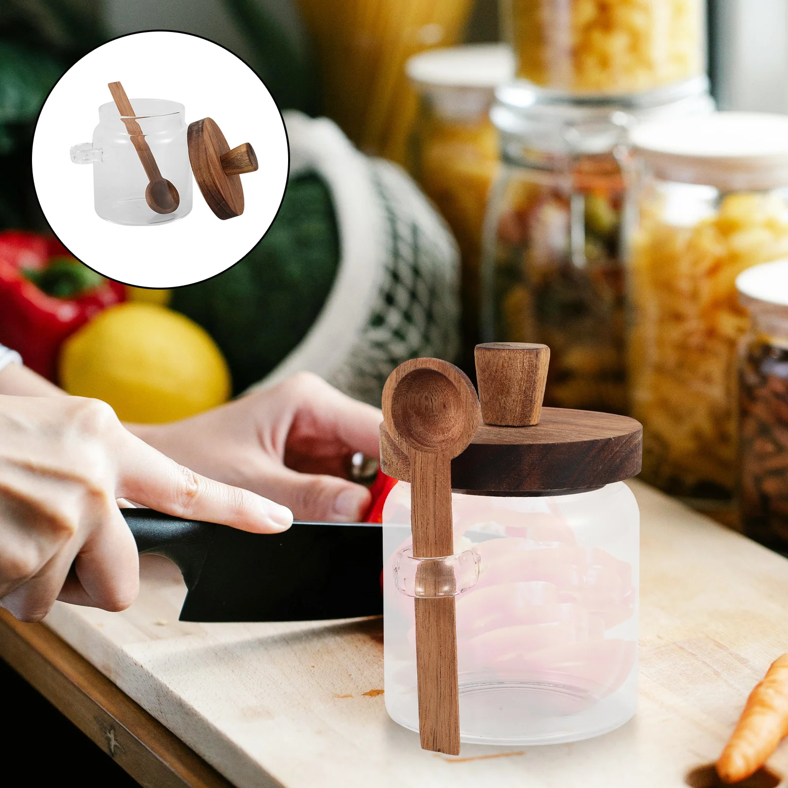 

Glass Spice Container Lidded Seasoning Jar Salt Pepper Storage Container Spoon Lid Kitchen Supplies Glass Condiment Storage Jar