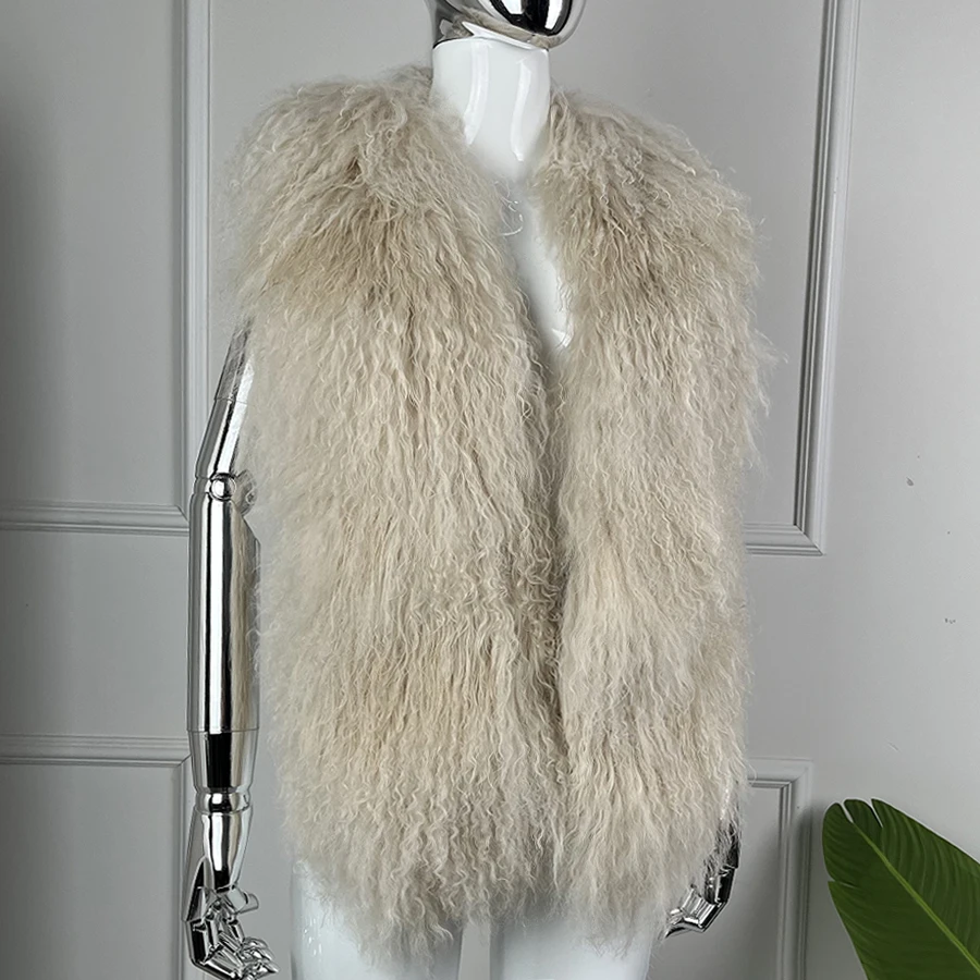Naturalna Mongolska Skóra Owcza Halfter Futrzana Kamizelka Jagnięca Futrzana Kamizelka Dziewczęca Jesienno-Zimowa Moda Sexy Duży Kołnierz z Włosów na Plecach Top typu Halter