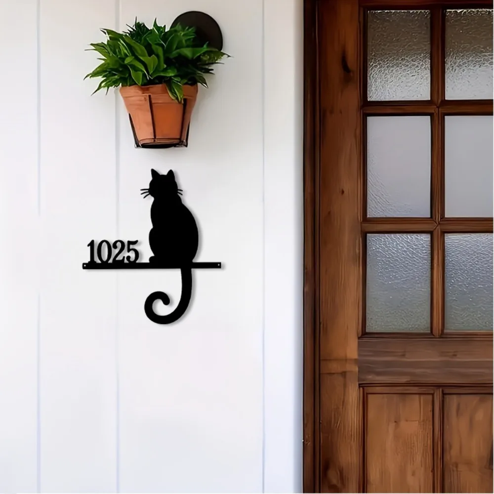 1 pièce Plaque d'adresse rustique personnalisée en fer forgé avec silhouette de chat, numéro limité, pour ferme, villa, cour, mur de communauté, cadeau