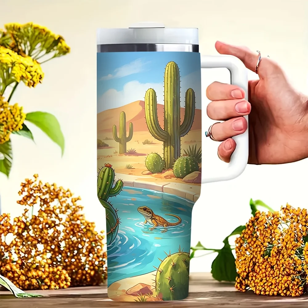 40Oz Tumbler with Handle, Printed with Cute Kangaroo Lizard Cactus in Sunny Desert Pool, Fits Hot And Cold Drinks, Ideal for Outdoor Travel Camping Hiking Daily Use for All People