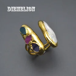 Unusual Natural Freshwater Pearl Rings for Women Inlaid Multi Color Agate Gold Plating Resizable Wedding Party Fine Jewelry