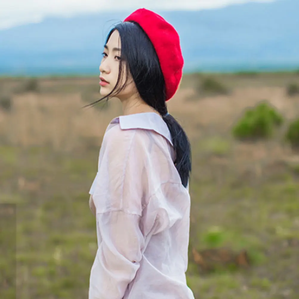 

Girl'S Wool Blend Beret Cute Children Warm Hat Autumn Winter Spring Lightweight Washable French Style Headwear Red