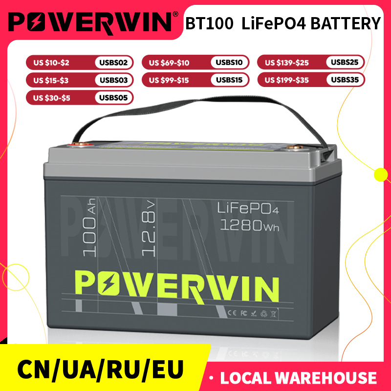  POWERWIN BT100 1280Wh Local Stock  LiFePO4 Battery 12.8V 100Ah Built-in BMS Off-grid System Solar Power 4000+Deep Cycle 