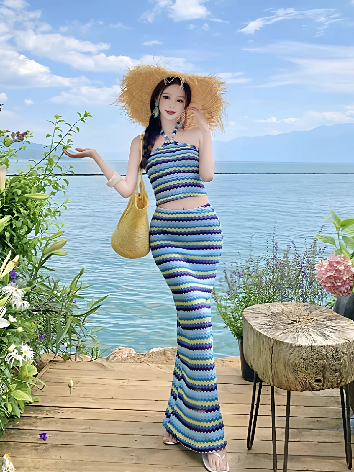 

Spicy Girl Knitted Two-Piece Set Neck Hanging Bodycon Dress with Half Skirt Striped Design for Young Women Ages 18-25