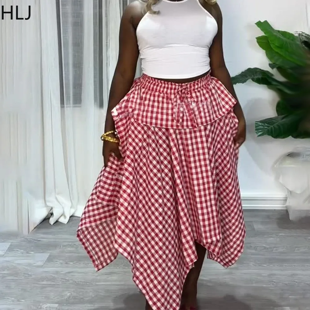 HLJ Y2k Sweet Checkered Print Skirt Women Summer Streetwear Irregular Patchwork High Waisted  Skirt Female Solid Color Bottoms