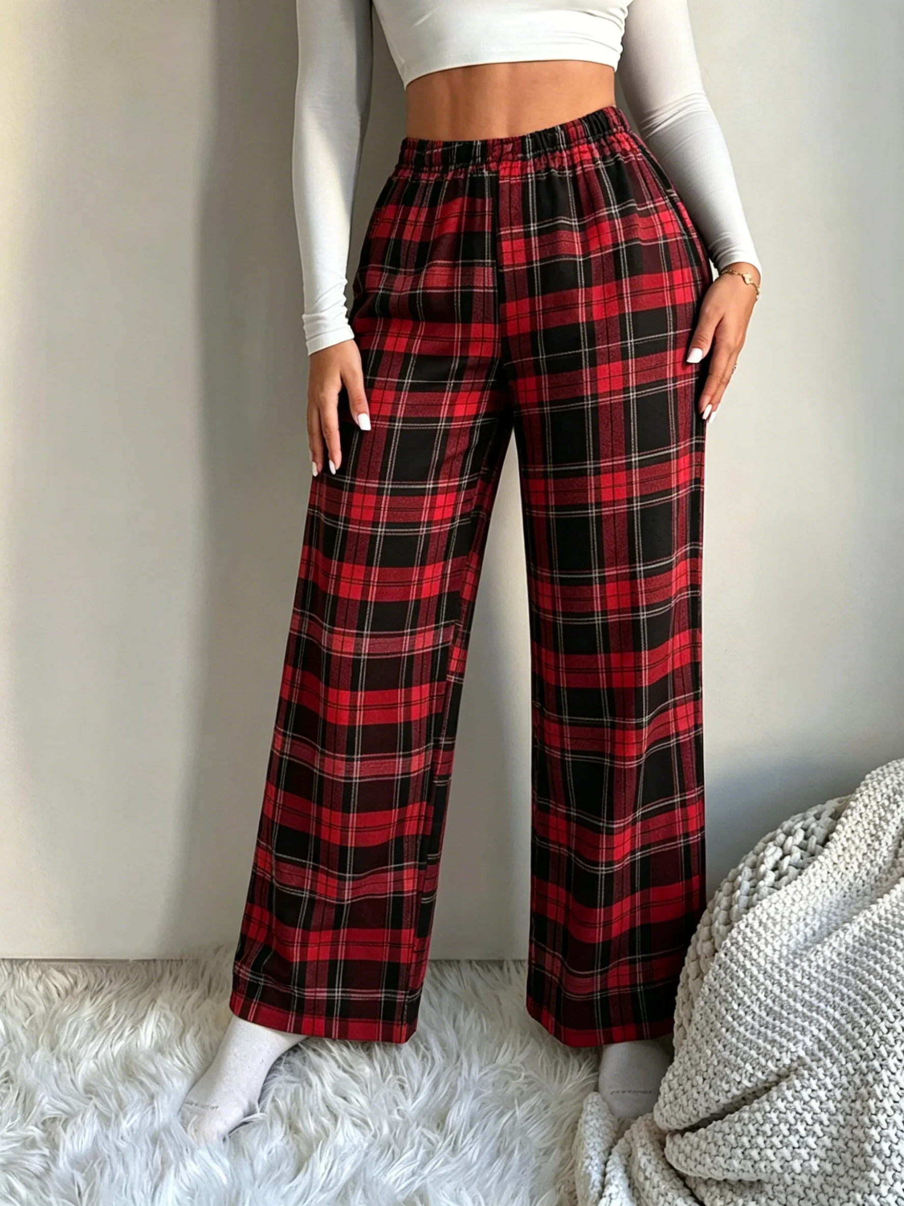 

Women's Red Plaid Wide-Leg Pants Pajamas, Elastic, Comfortable, Breathable, High-Waist, Loose Casual Pants and Pajamas at Home.