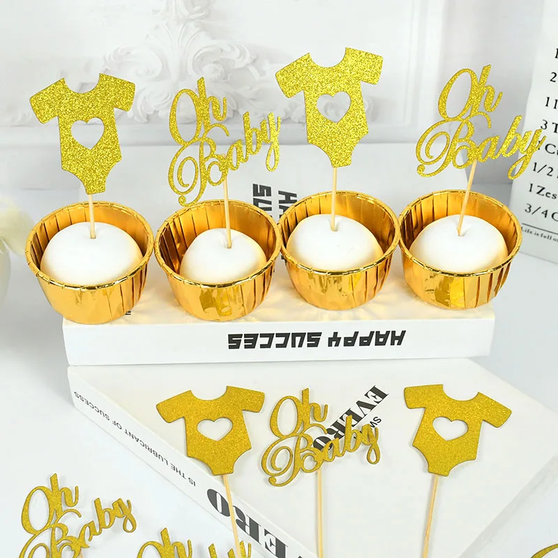 18pcs Oh Baby Cake Toppers Glitter Gold Happy Birthday Cupcake Topper For Baby Shower Gender Reveal Party Cake Dessert Deco Tool