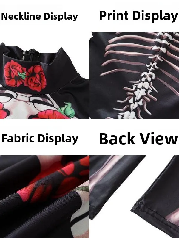 

Halloween Skeleton Print Spandex Bodysuit Elastic Slim Fit Costume Women's Traditional Ethnic Stage Performance Clothing