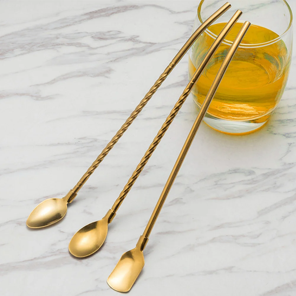 

4pcs Straw Spoons Stainless Steel Reusable Ice Cream Spoon For Dessert Gold Metal Drinking Tool Bar Use