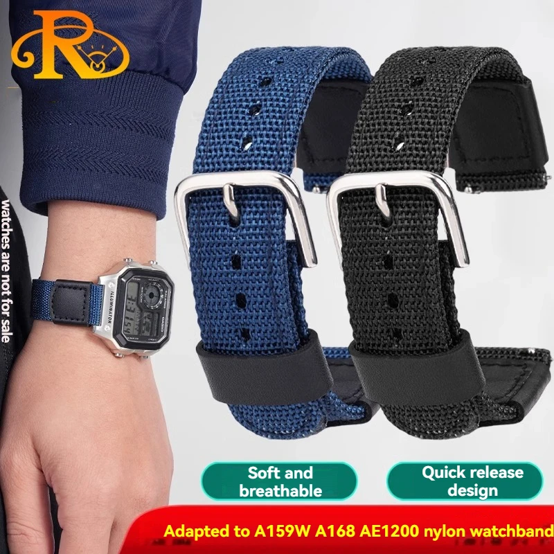حزام ساعة من النايلون الأسود 18 ملم مناسب لساعات كاسيو المربعة الصغيرة AE1200/1300 SGW400 AQ-150W A158W A168 حزام ساعة قماش