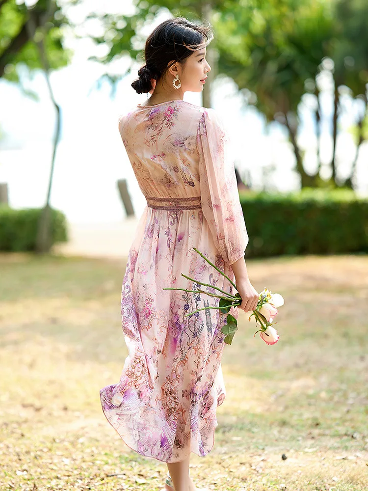 Winsleter - Elegancka sukienka damska ze 100% prawdziwego jedwabiu, dekolt w serek, rękaw 3/4, wzór, francuskie sukienki na wakacje na plaży, nowość jesień 2025 D59673CC