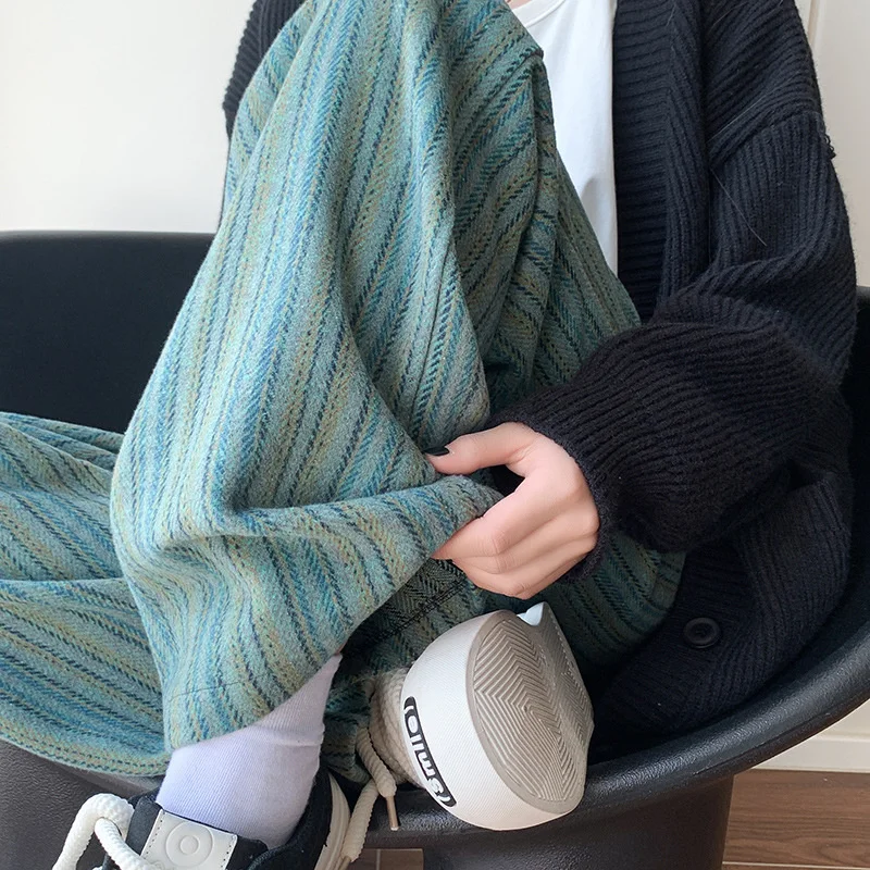 Lazy Melard Vertical Striped Wide-Leg Pants Women Autumn And Winter Fleece-Lined High-Waist Casual Plus Size Draped Pants New
