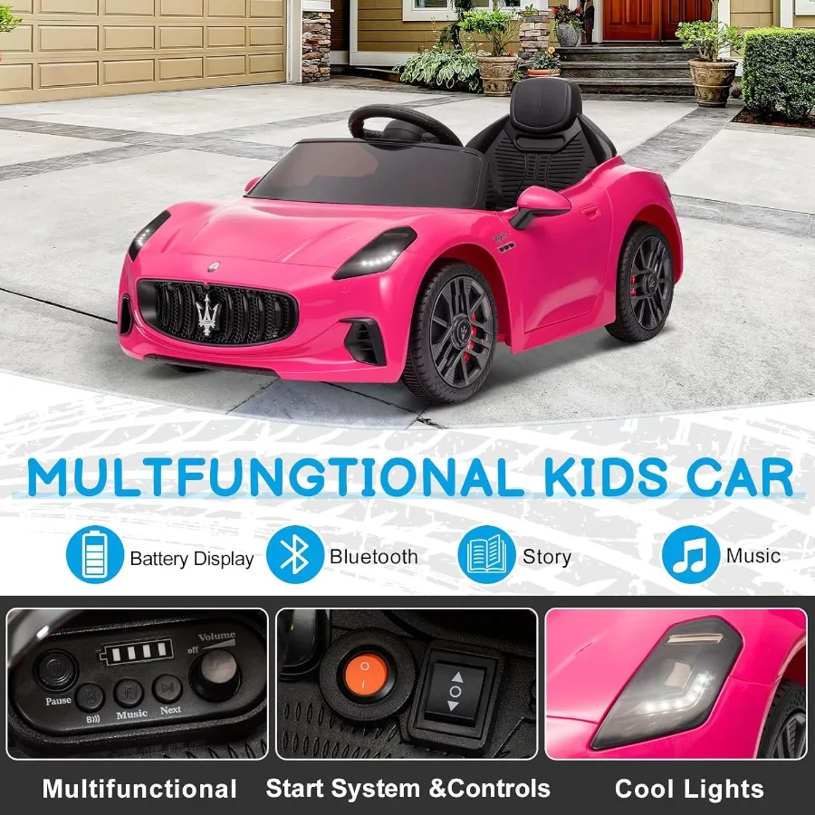 Carro de passeio de 12V, carro elétrico Maserati licenciado para crianças com controle remoto, carro de bateria para crianças com Bluetooth, 3 velocidades, LE